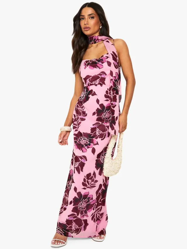boohoo Dames Petite Floral Maxi Slipjurk met omvallende hals Violet
