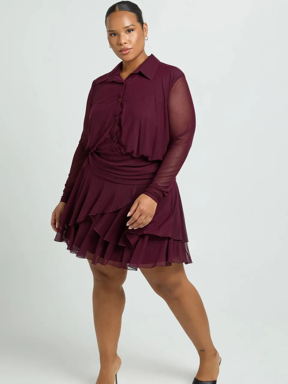 boohoo Dames Plus Skater Jurk met Kraag en Asymmetrische Zoom pruim, foto 3