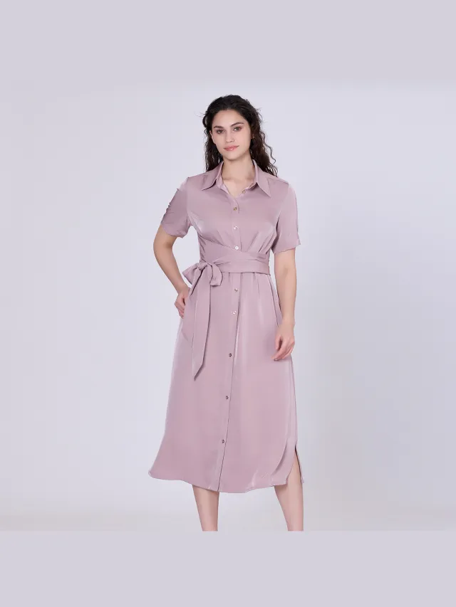 Smart & Joy Mat satijn midi shirt jurk Roze