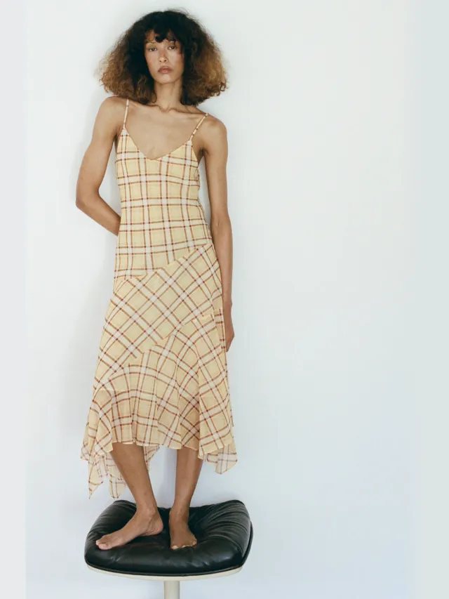 Mango viscose geruite midi jurk - lichtgeel lichtgeel/wit