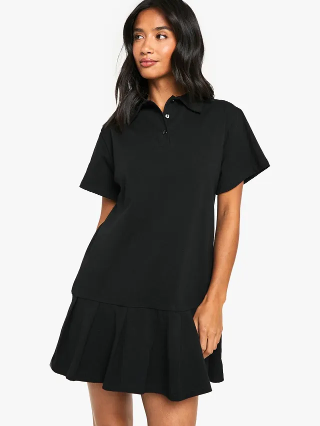 boohoo Dames Kleine katoenen T-shirt mini-jurk met geplooide zoom Black