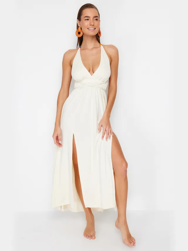 Trendyol TRENDYOLMİLLA Dames Ecru Effen Maxi Mouwloos Strandkleding Recht Strandjurken