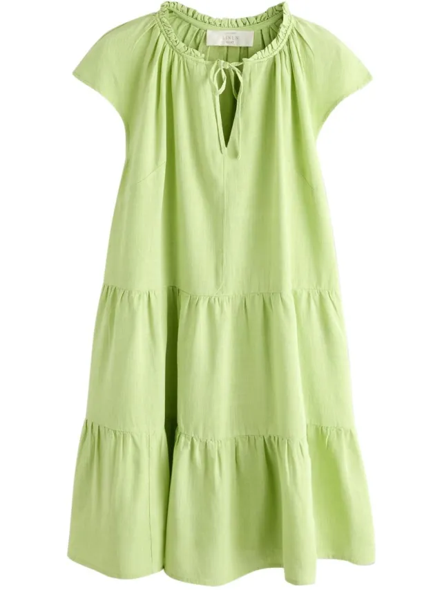 Next Dames - Mini-jurk met V-hals en laagjes en linnen - Tall - Groen Lime Green