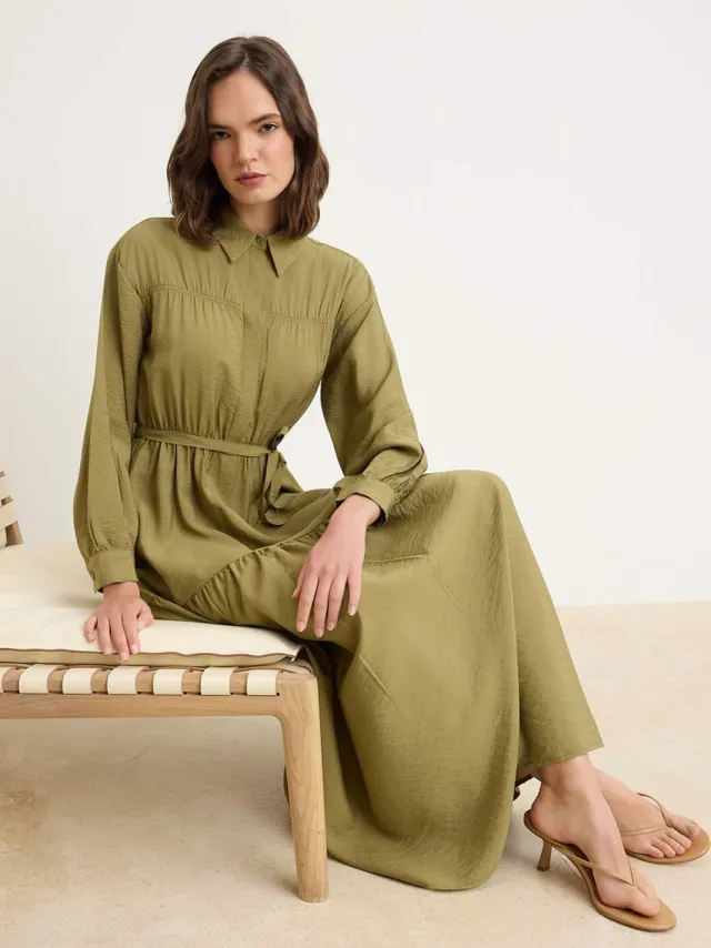 Trendyol Modest Dames Kaki Effen Maxi Lang Recht Modest Jurken