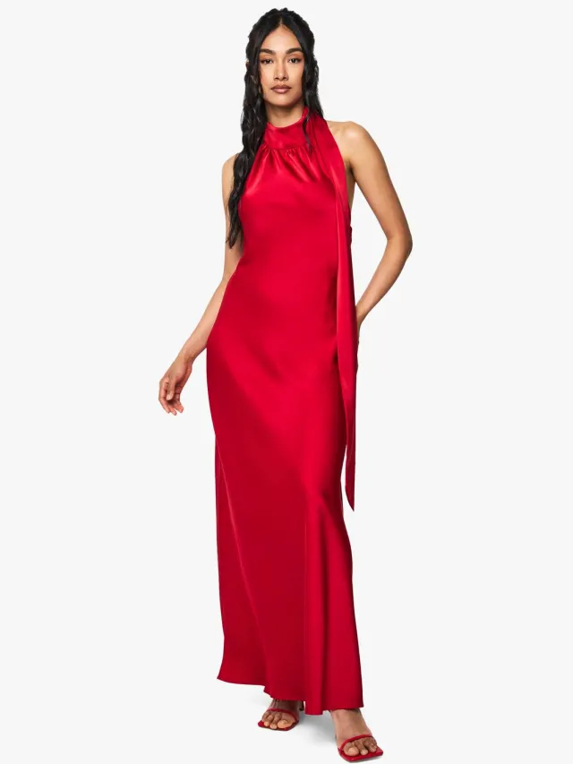 boohoo Dames Satijn Drape Maxi Jurk Rood