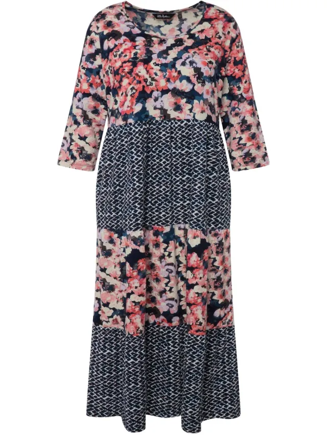 Ulla Popken Dames - Midi-jurk motiefstrepen A-lijn ronde hals 3/4-mouwen - Donkerblauw - Maat 50+