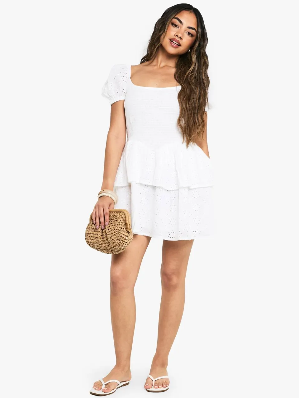 boohoo Dames Broderie Anglaise Pufmouw Skaterjurk wit, foto 3