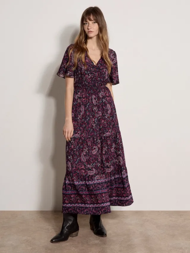 Apricot Maxi-jurk met paisleyprint en gelaagde rok marine