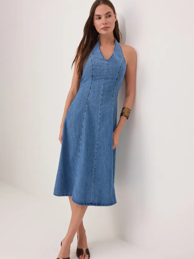 Trendyol TRENDYOLMİLLA Dames Blauw Effen Maxi Mouwloos Skater Jurken