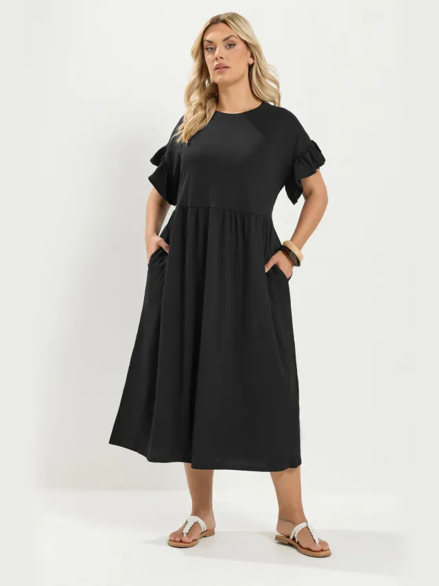 Yours Katoenen Midaxi Jurk Met Korte Ruchemouwen In Zwart-56 Black