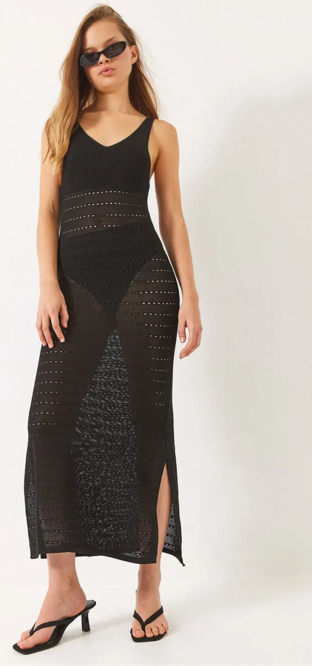 Bianco Lucci V-hals Midi Split Jurk Zwart