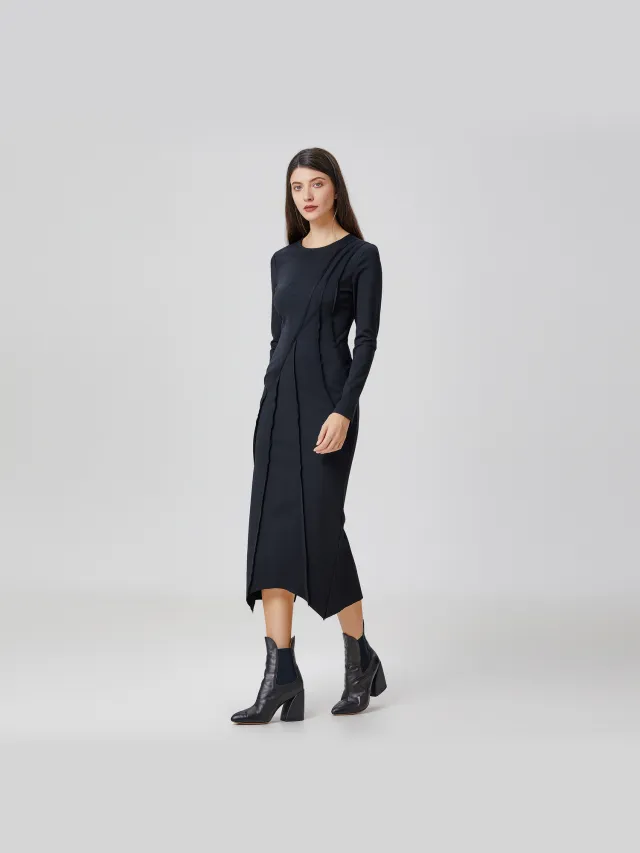S&J Weekends Jurk met asymmetrische structuurlijnen Zwart