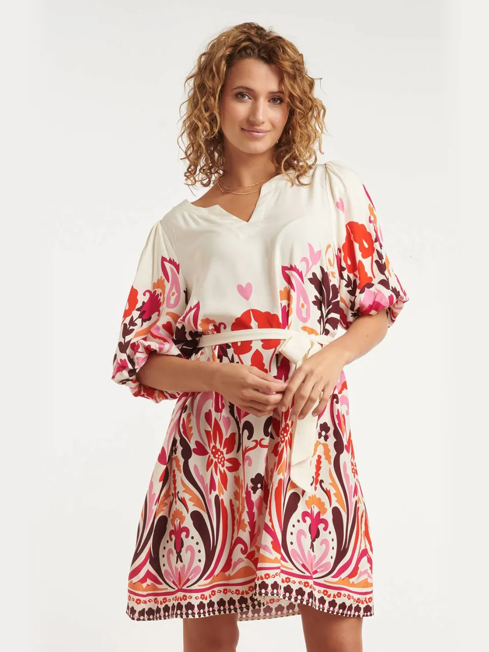 Smashed Lemon zomerjurk met ceintuur en print - rood Wit/rood/paars
