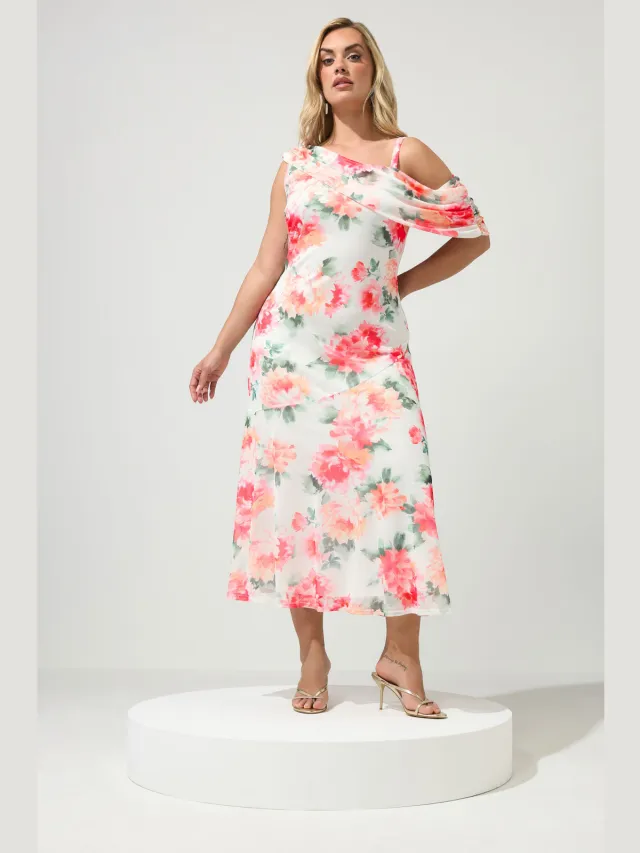 Yours London Witte Jurk Met Bloemenprint En Gedrapeerde Schouders White