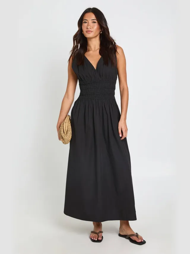 boohoo Dames Midaxi Jurk Met Gesmockte Taille Zwart