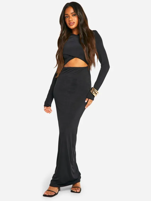 boohoo Dames schoudervulling crossover cut-out slinky maxi-jurk Zwart
