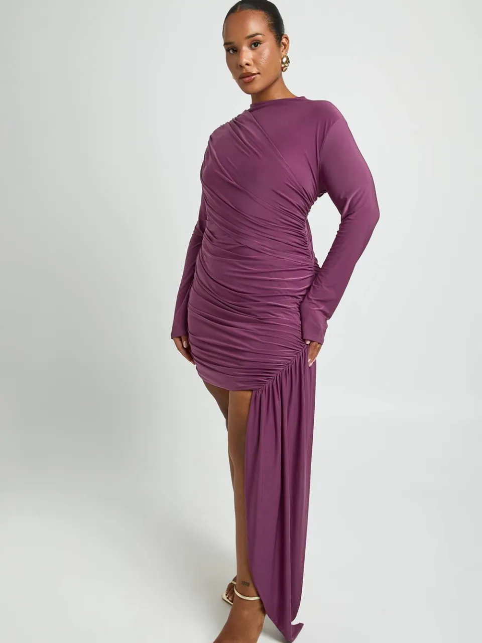 boohoo Dames Plus Geplooid Mini-jurkje Met Lange Mouwen En Draperie-detail roos, foto 2