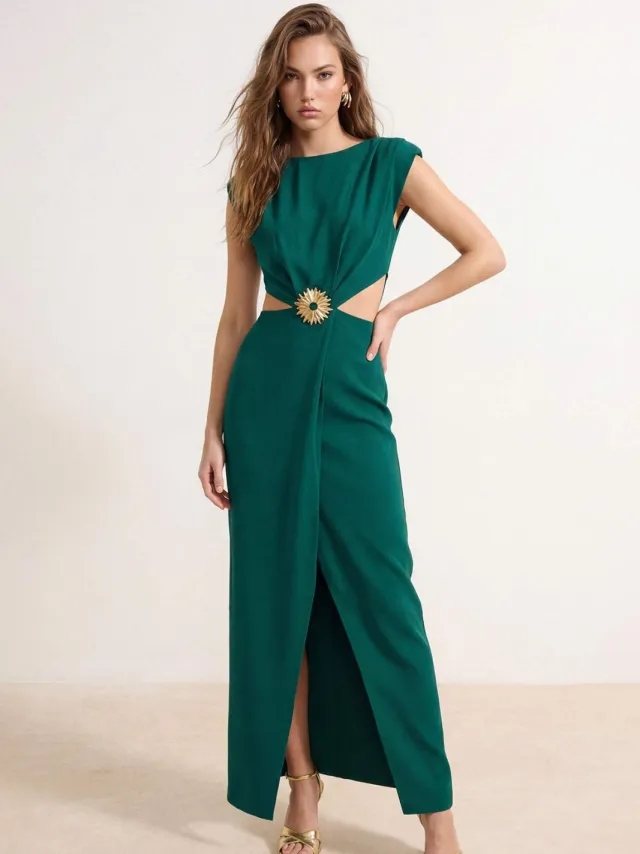 Trendyol TRENDYOLMİLLA Dames Groen Effen Maxi Mouwloos Diploma-uitreiking / Gala Recht Avond & Gala Jurk