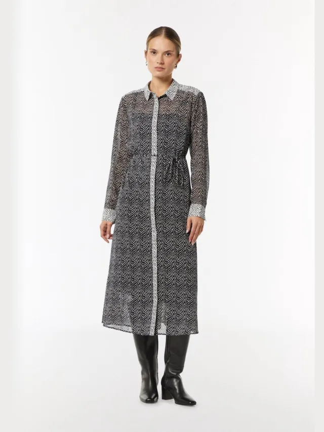 Comma female - Chiffon jurk met overhemdkraag en stropdas zwart