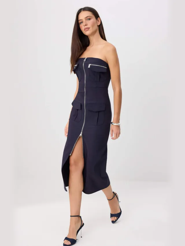 Trendyol TRENDYOLMİLLA Dames Donkerblauw Effen Midi Mouwloos Bodycon Jurken Marineblauw/Blauw