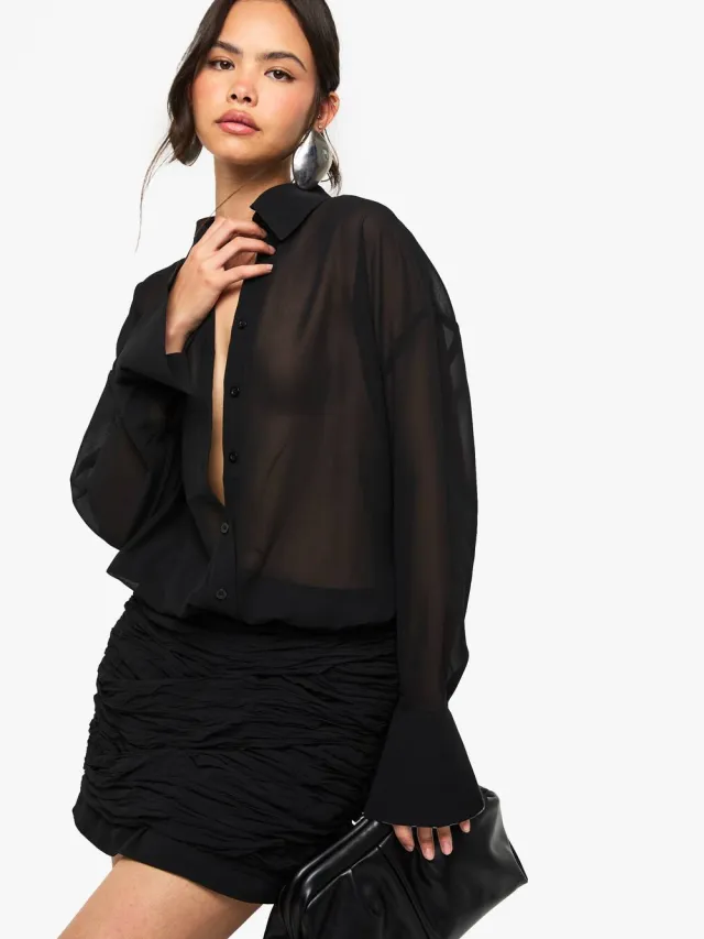 boohoo Dames Chiffon overhemdjurk met verlaagde taille en geraffelde details zwart, foto 3