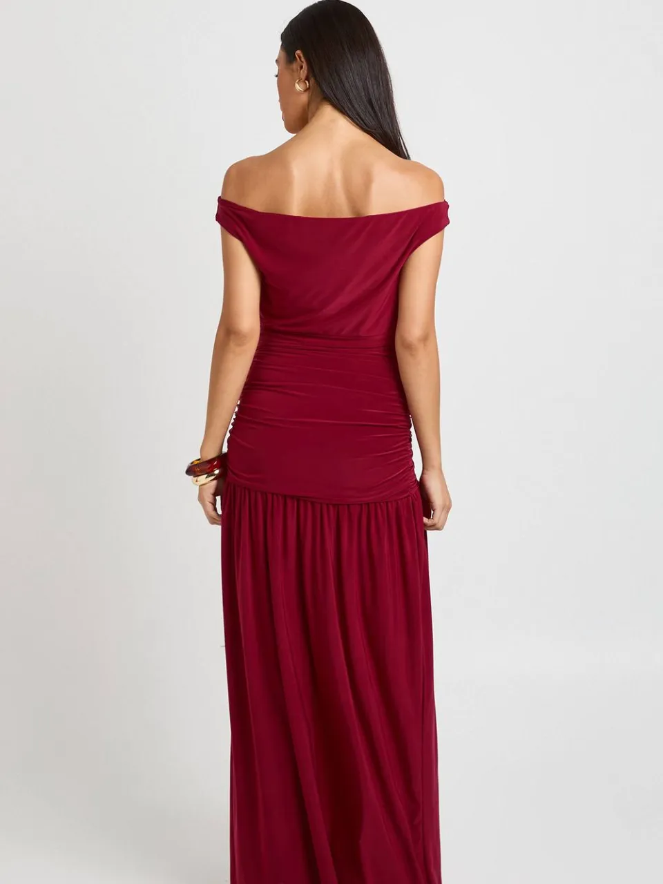 boohoo Dames Bardot Maxi Jurk Met Gerimpelde Bovenkant bessen, foto 2