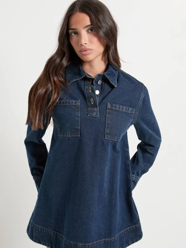 boohoo Dames Petite denimjurk met lange mouwen Indigo