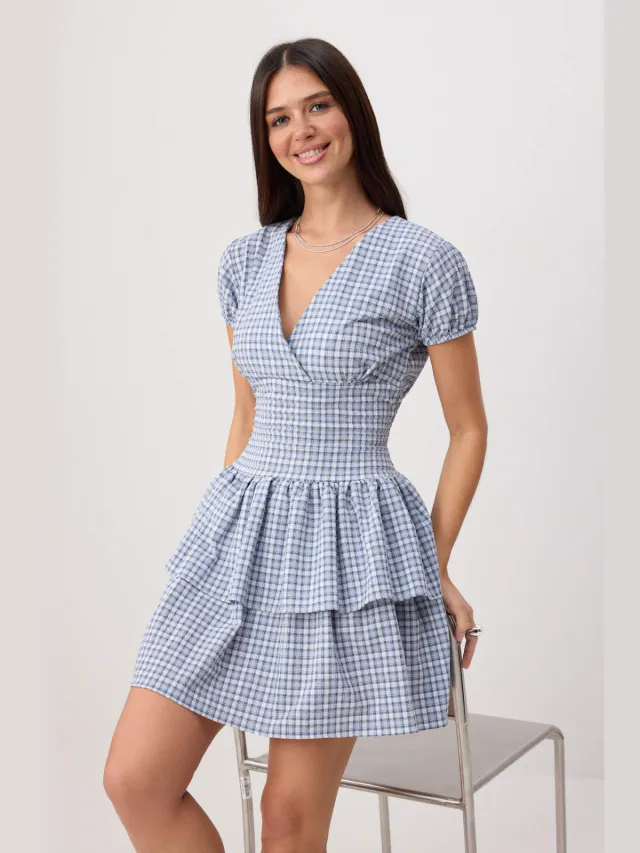 Trendyol TRENDYOLMİLLA Dames Blauw Geruit Kort / Mini Kort Skater Jurken