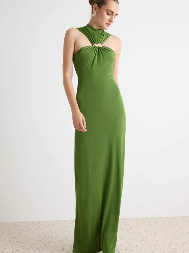 Trendyol TRENDYOLMİLLA Dames Groen Effen Maxi Mouwloos A-lijn Avond & Gala Jurk