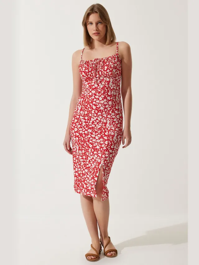 Happiness Istanbul Bloemengebroken Ribbel Bodycon Midi-jurk met Split Rood