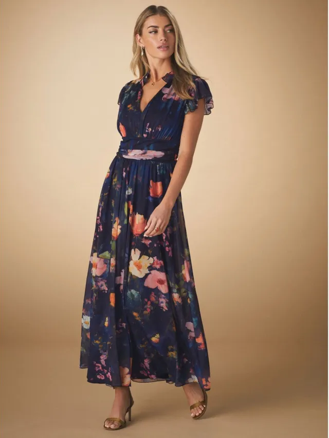 Next Dames - Lange jurk met plooien, mesh en V-hals voor speciale gelegenheden - Blauw Navy Blue Floral