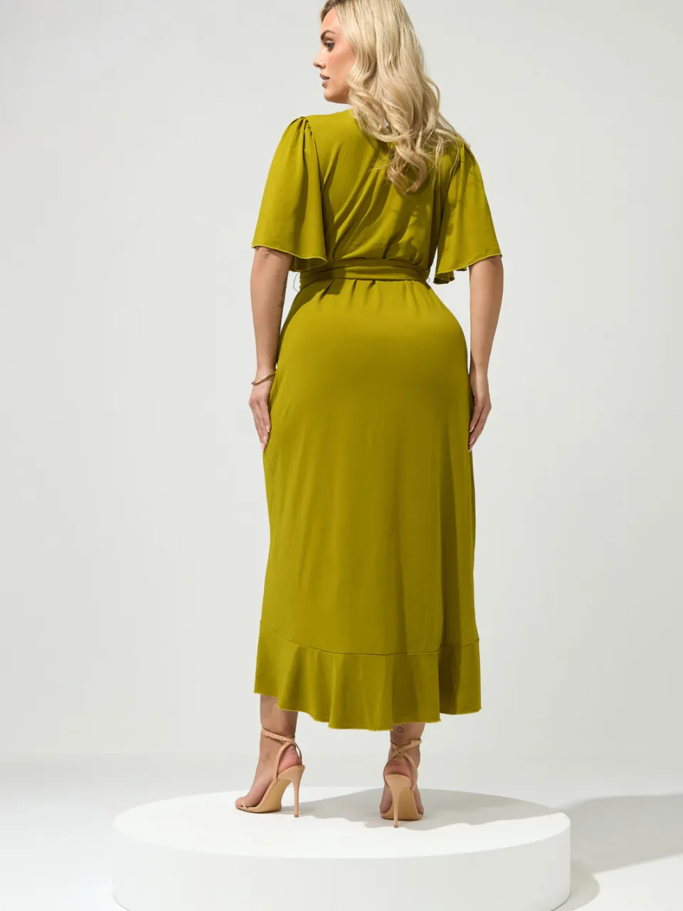 Yours London Chartreuse Groene Maxijurk Met Korte Mouwen En Ruches, foto 3