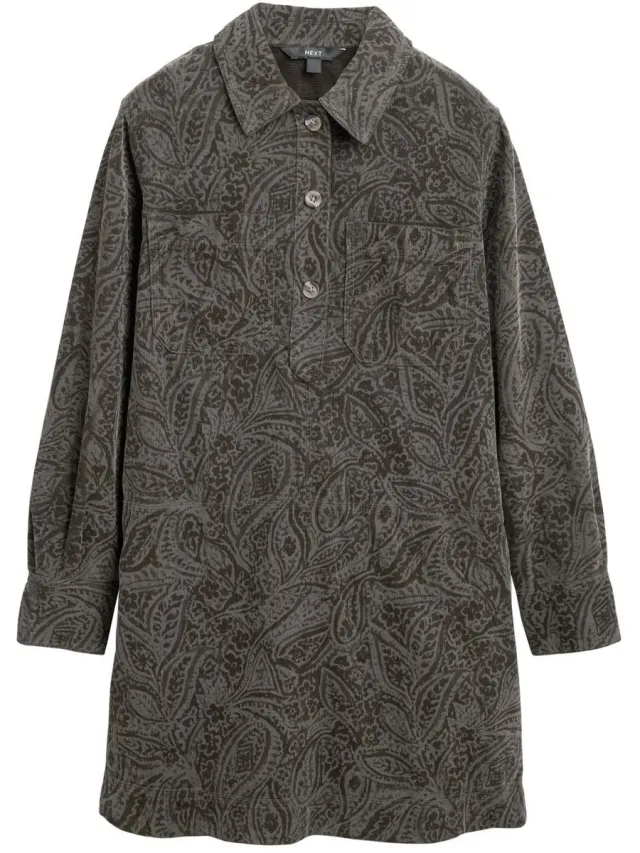 Next Dames - Corduroy overhead mini-jurk met lange mouwen - Groen Khaki Green Paisley