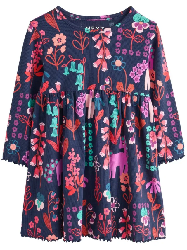 Next Meisjes - Geribbelde jurk met lange mouwen - Blauw Navy Unicorn