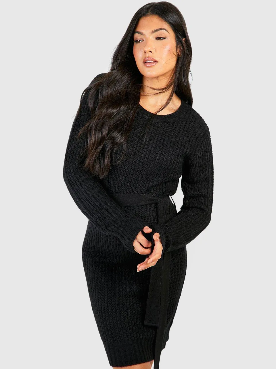 boohoo Dames Maternity Soft Knit Tie Waist Jumper Dress zwart, foto 2