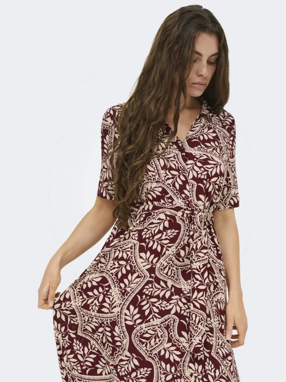 JDY maxi zomerjurk met ceintuur en print - donkerrood, foto 2