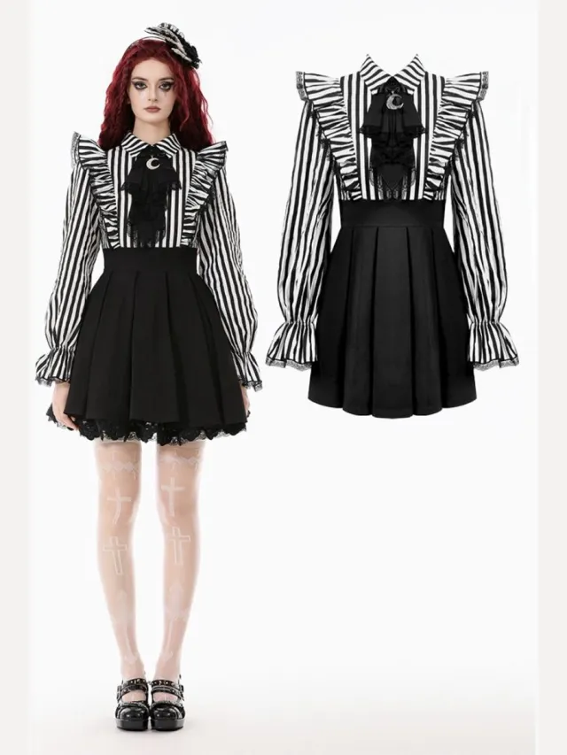 Dark In Love Lolita Dark Striped Preppy Korte jurk - XL - Zwart/Wit