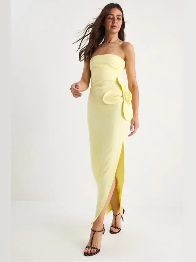 Bianco Lucci Strapless Bloemen Maxi Jurk met Strikdetails Geel