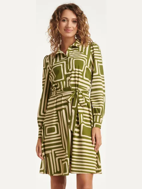 Smashed Lemon 25658 army en sand geometrische jurk in travelkwaliteit Bruin/Groen