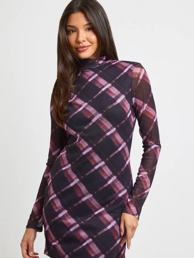 boohoo Dames Geruit Mini-jurkje Met Hoge Hals En Split Aan De Zijkant Violet