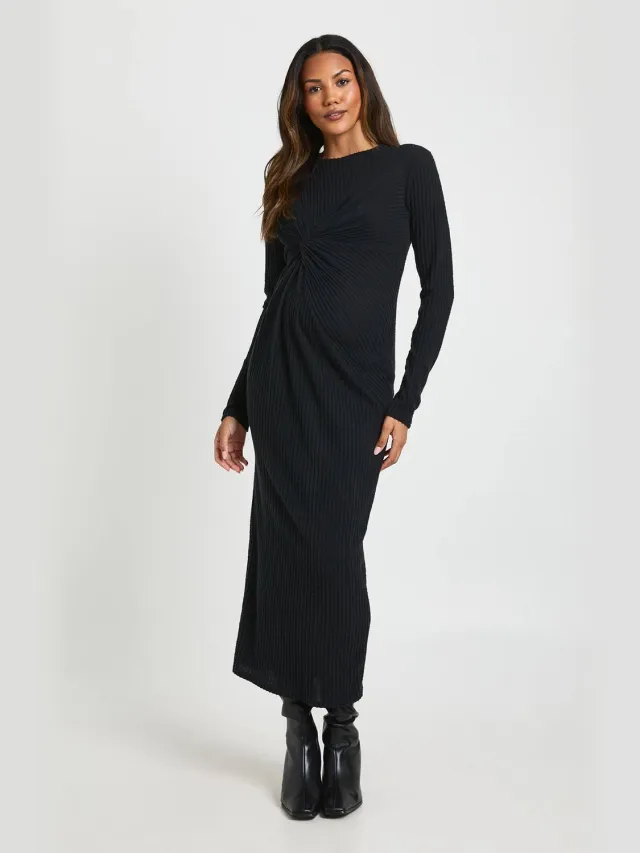 boohoo Dames Zwangerschaps Zachte Rib Twist Detail Midaxi Jurk Zwart