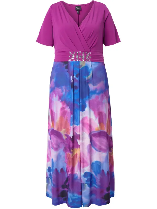 Ulla Popken Dames - Maxi jurk aquarelbloemen A-lijn V-hals korte mouwen - Orchidee - Maat 46+
