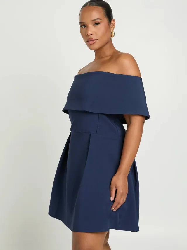 boohoo Dames Plus Bardot Jurk Met Tailledetail En Wijde Rok Marineblauw