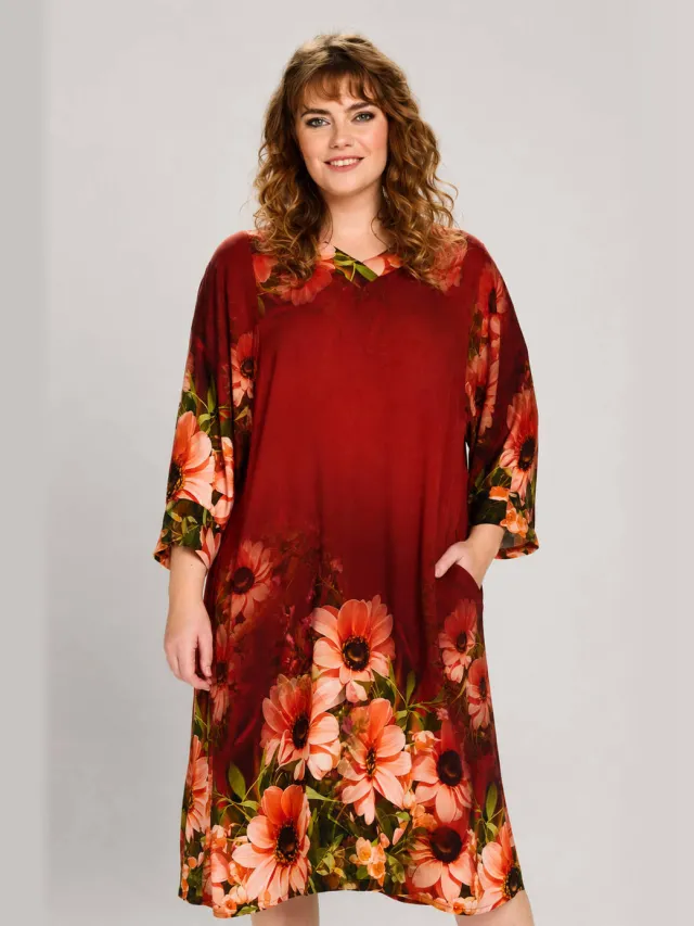 STUDIO gebloemde midi jurk Plus Size - donkerrood