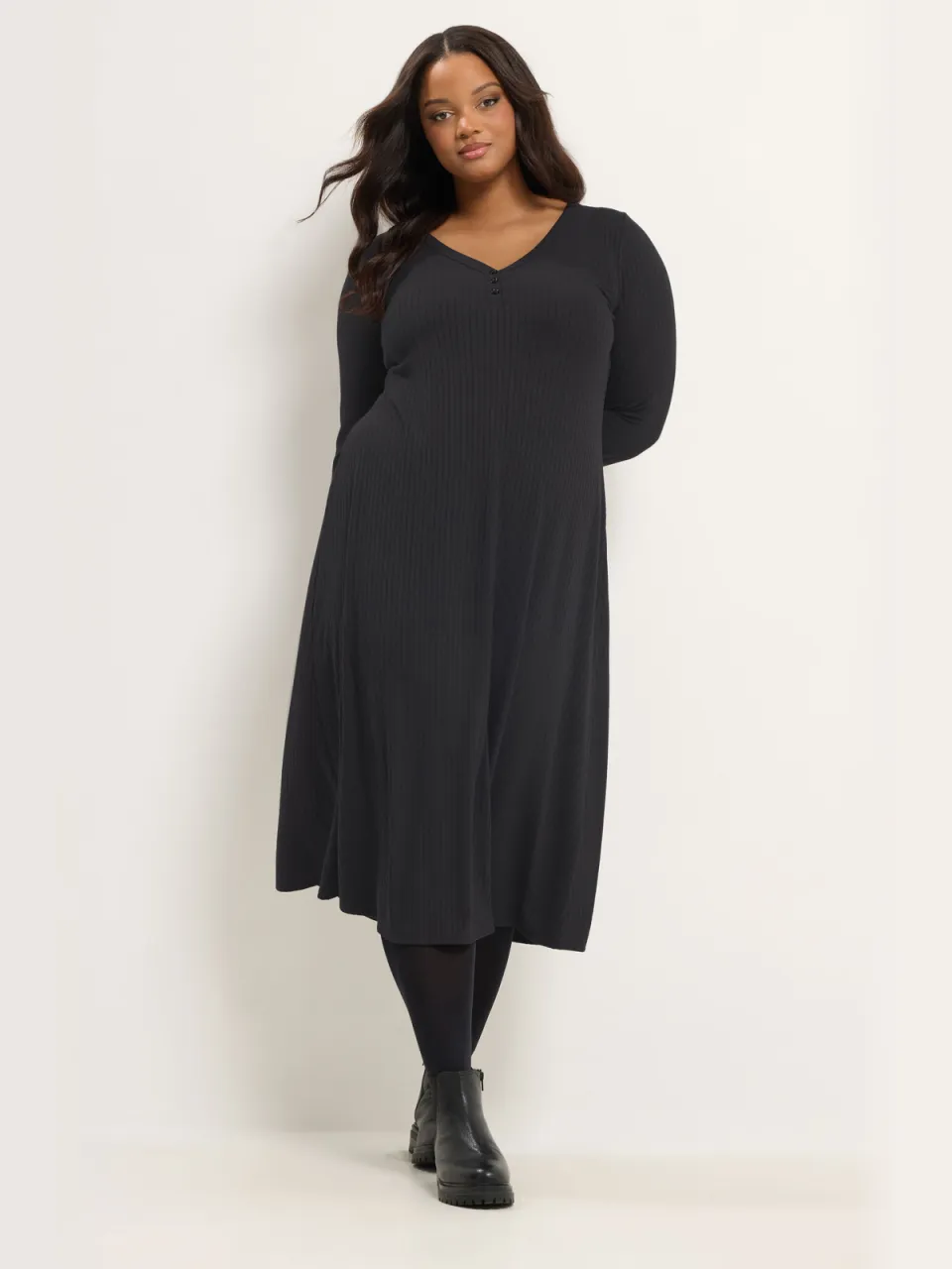 Yours Zwarte Geribbelde Henley Jurk, foto 3