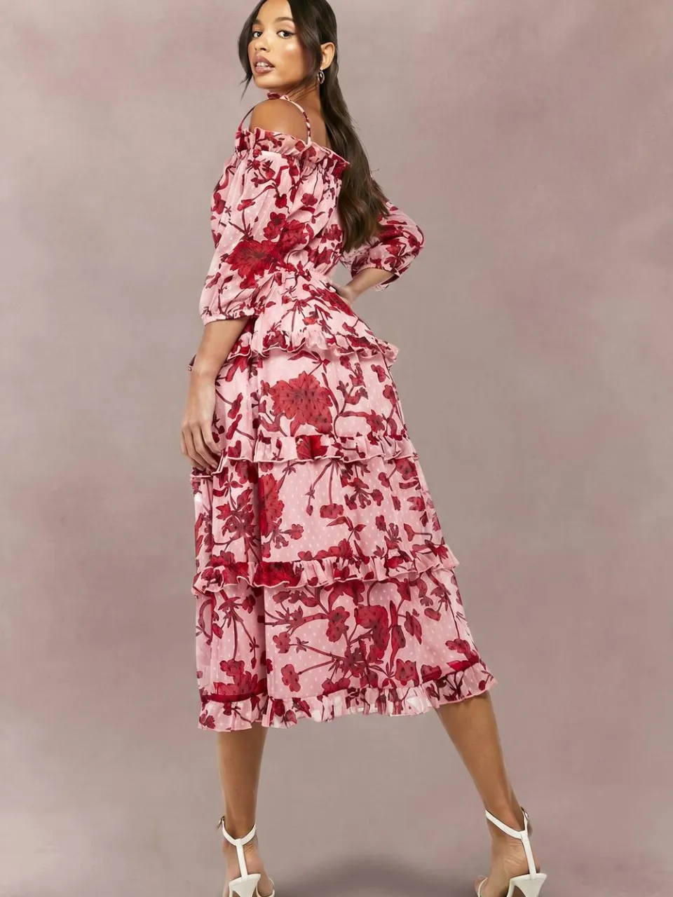 boohoo Dames Hoge Bloemrijke Dobby Cold Shoulder Gelaagde Midi Skater Jurk roze, foto 2