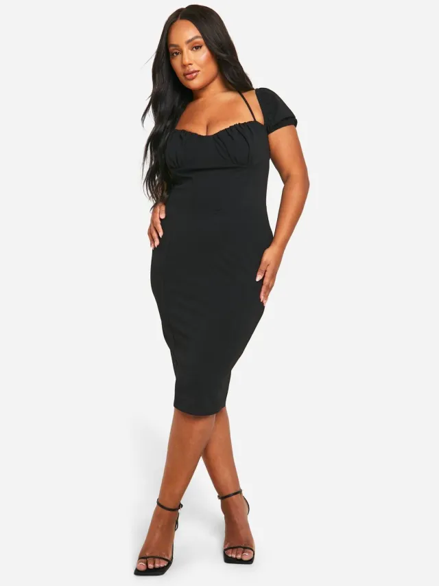 boohoo Dames Plus Pofmouw Midi Jurk Zwart