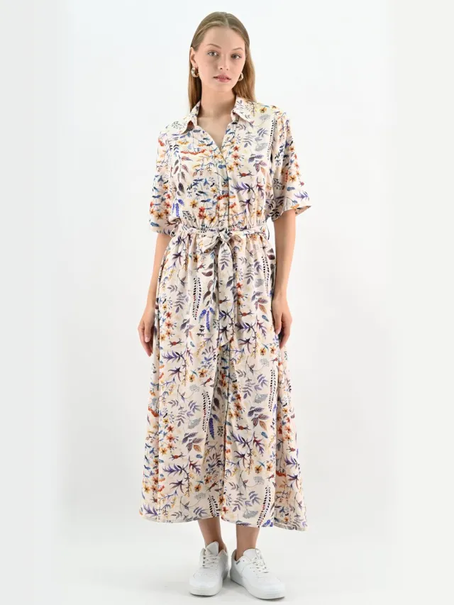 YESMOOI Maxi Overhemdjurk met Bloemenprint en Strikceintuur - Multicolor - XL (42)