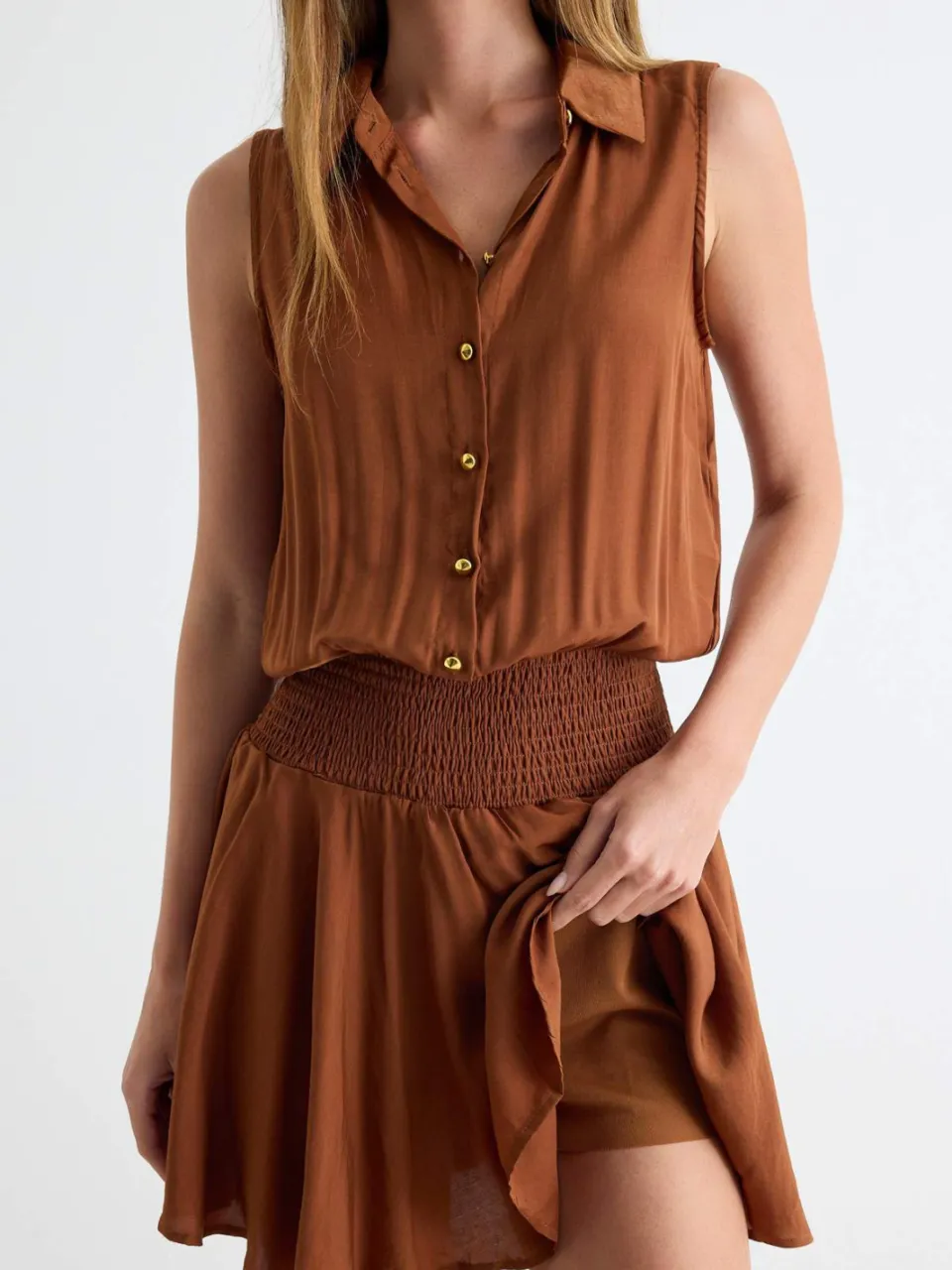 Trendyol TRENDYOLMİLLA Dames Bruin Effen Kort / Mini Mouwloos Skater Jurken, foto 2