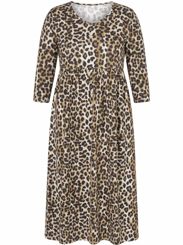 Ulla Popken Dames - Maxi-jurk luipaardmotief V-hals 3/4 mouwen zakken - Zwart - Maat 62+